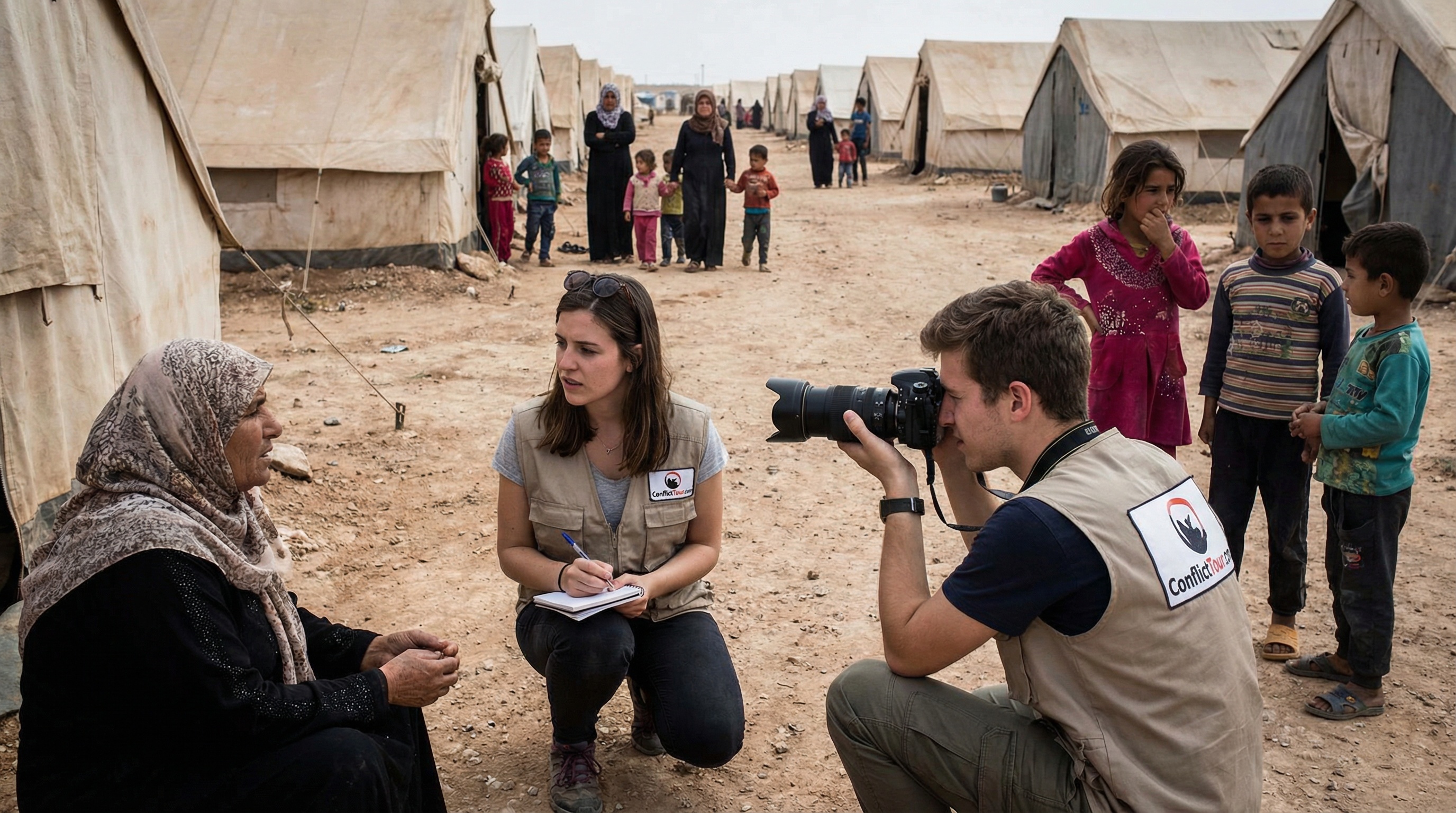 ConflictTour participants interviewing a refugee elder in a camp