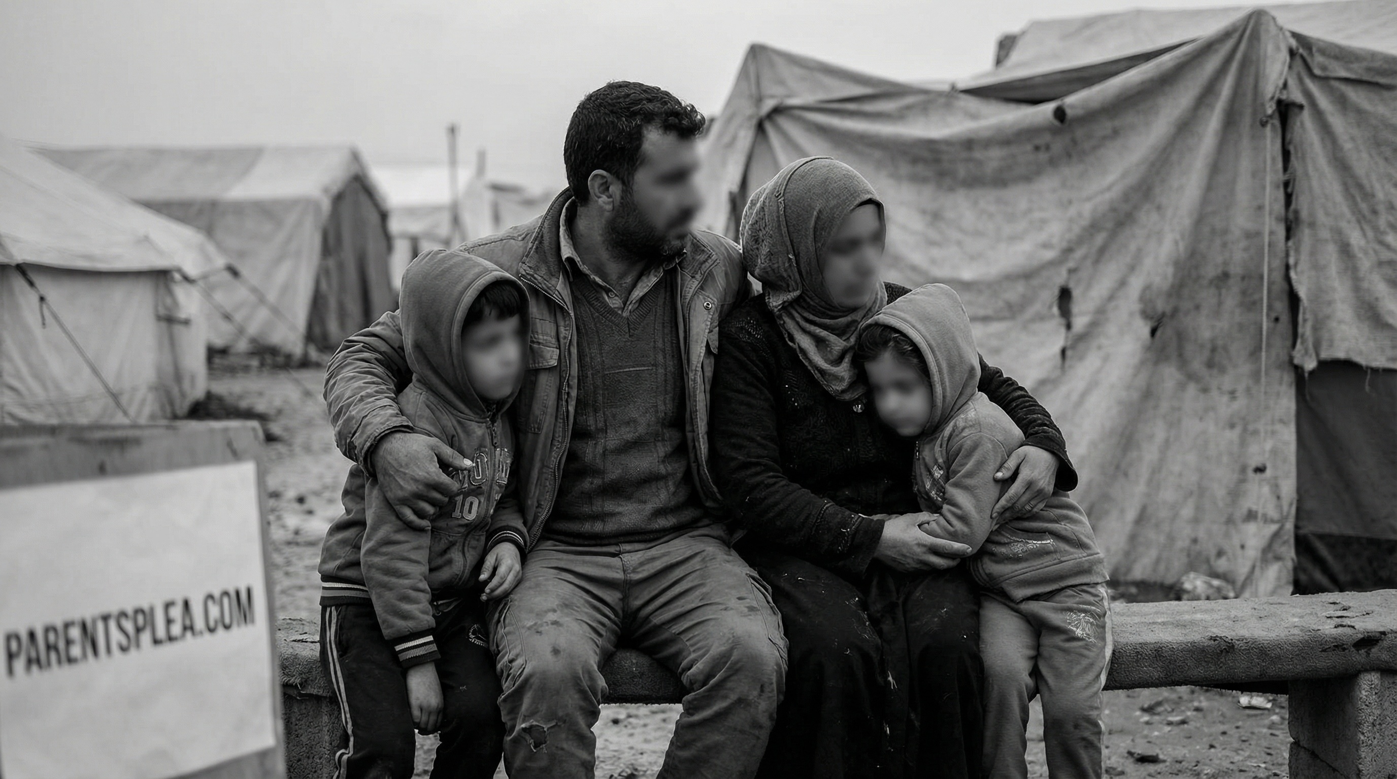 A refugee family sheltering in a camp — the reality of post-conflict zones
